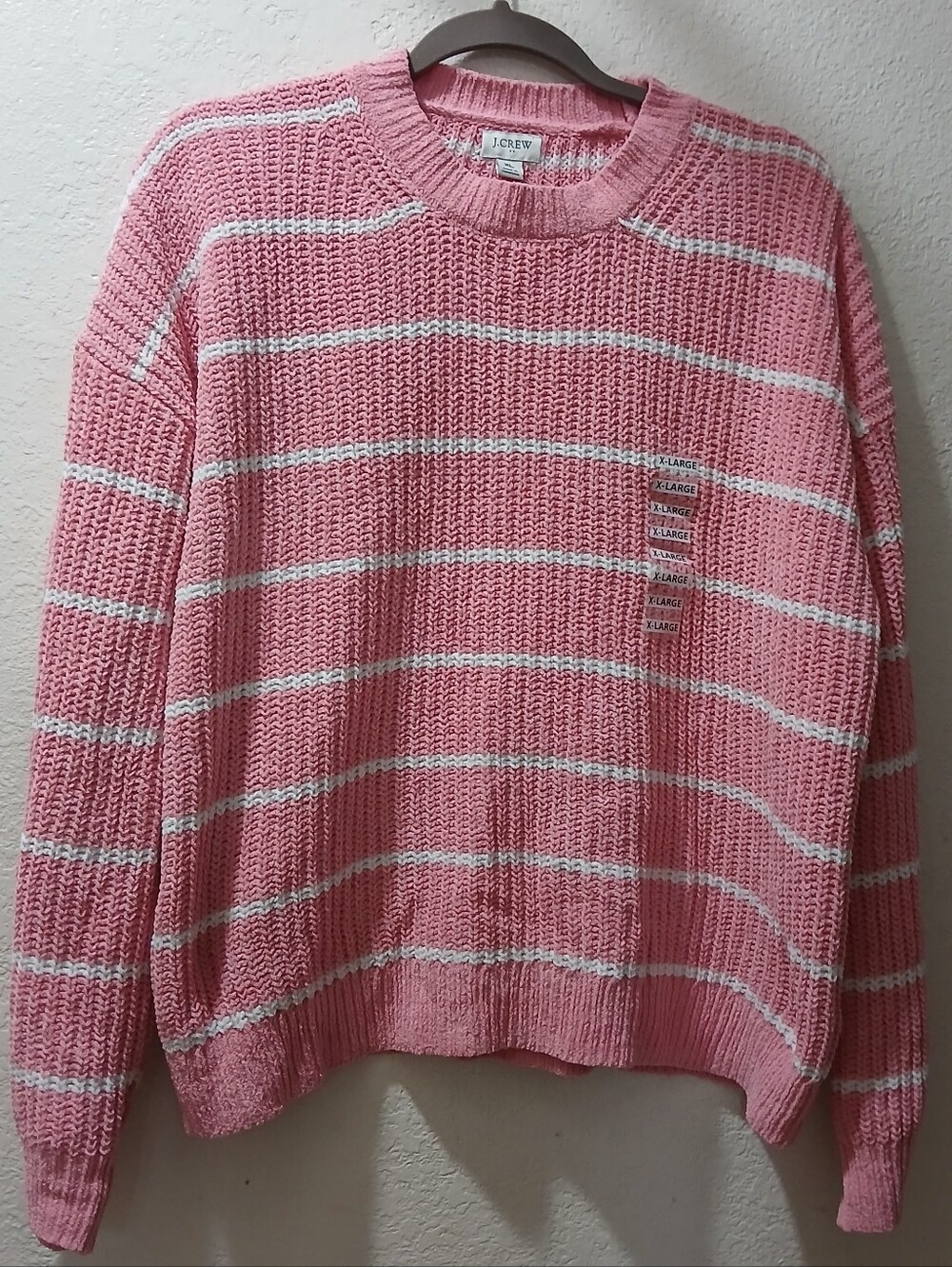 New J. Crew suze Xl  Pink and White Striped Crewneck Sweater